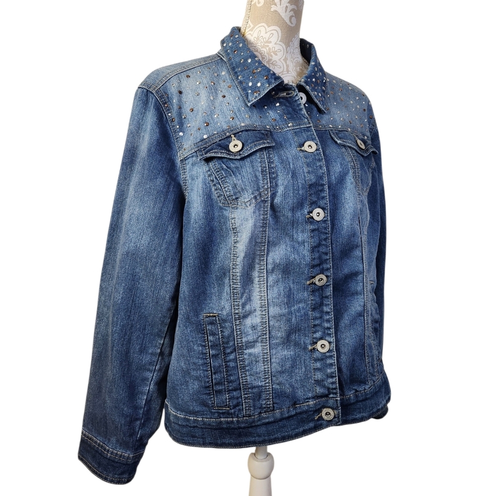 Roz & Ali Denim Boho Trucker Jean Jacket Embellished Metal Studs Pockets 18/20 - Picture 8 of 9